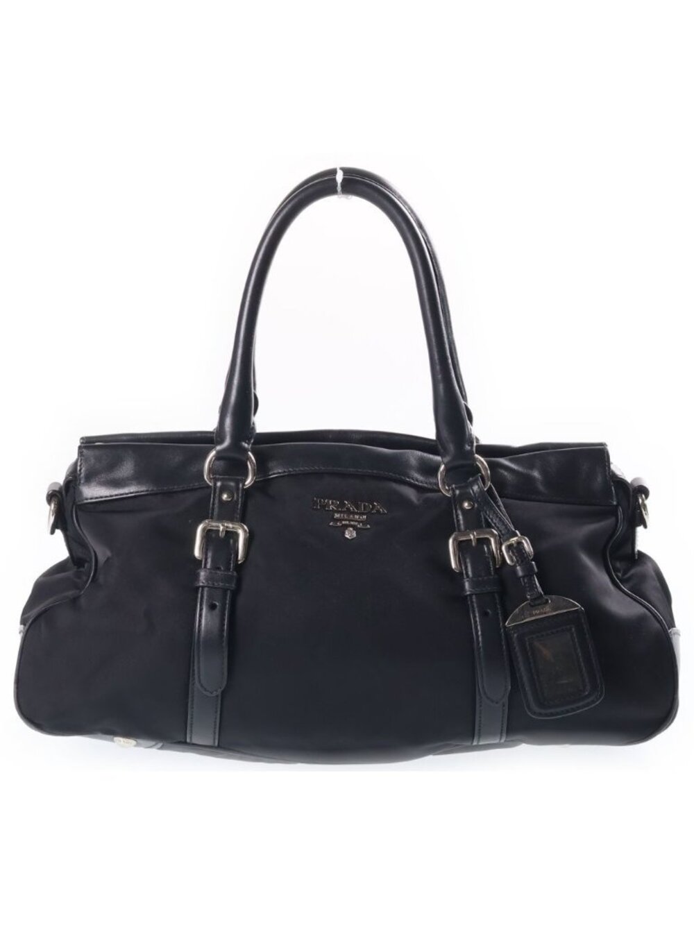 Prada Nylon Leather Handbag Black Silver
